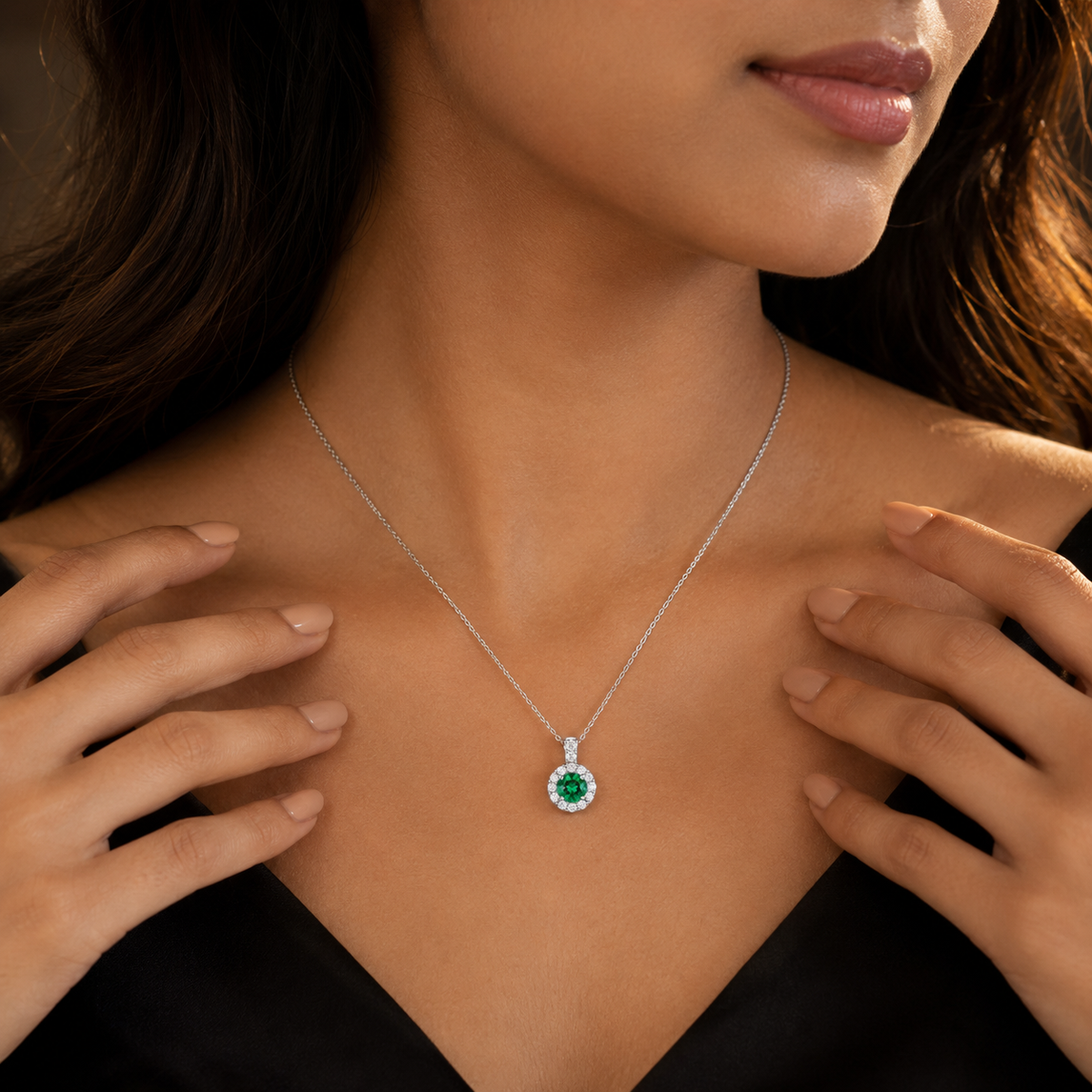 Modern Emerald Green Halo Solitaire Necklace GWN -161