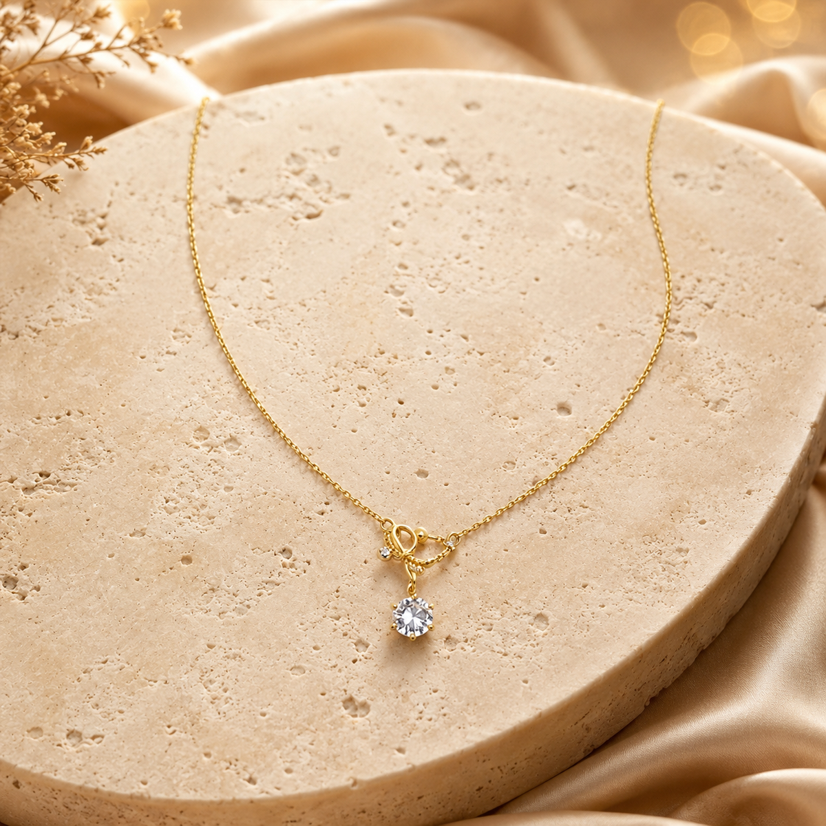 Modern Crystal Ribbon Bow Solitaire Necklace GWN -129