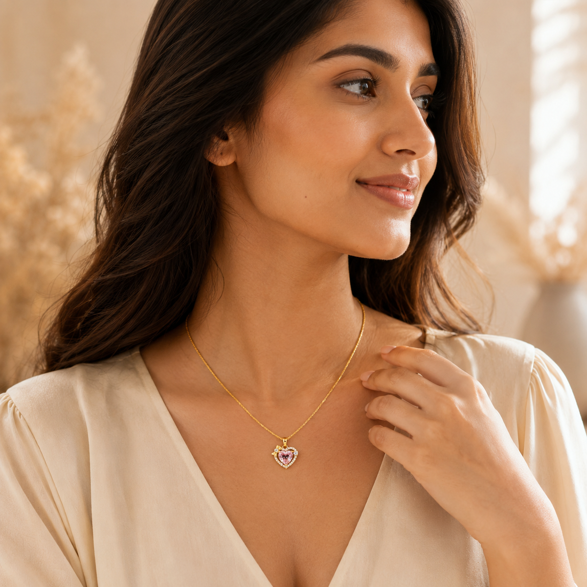 Classic Pink Heart Halo Bow Necklace GWN -79