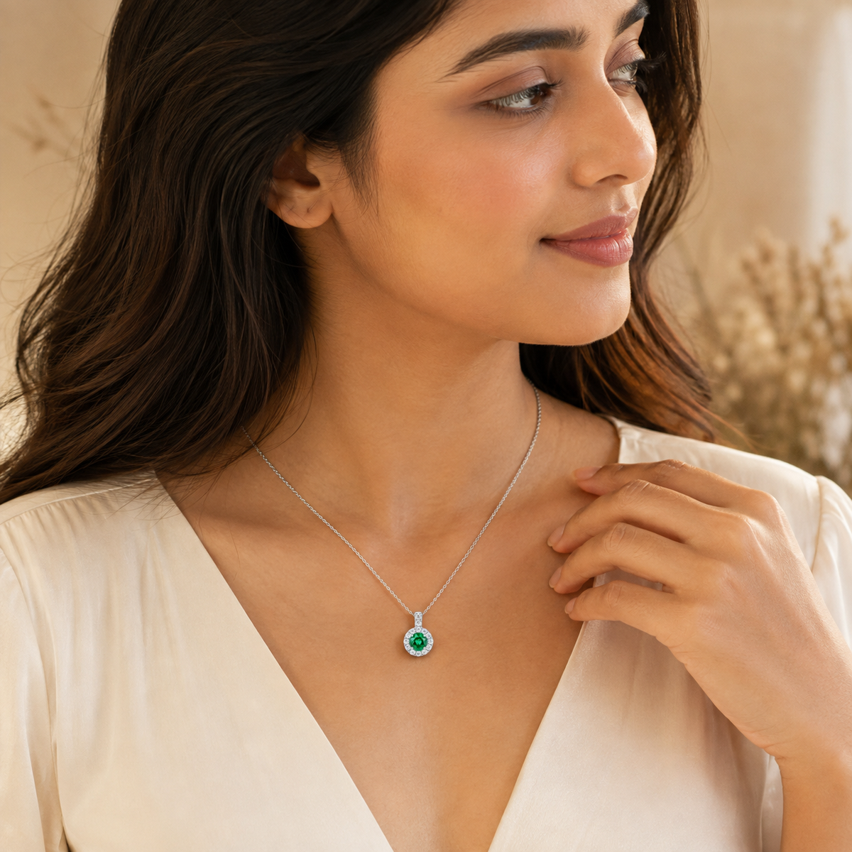 Modern Emerald Green Halo Solitaire Necklace GWN -161