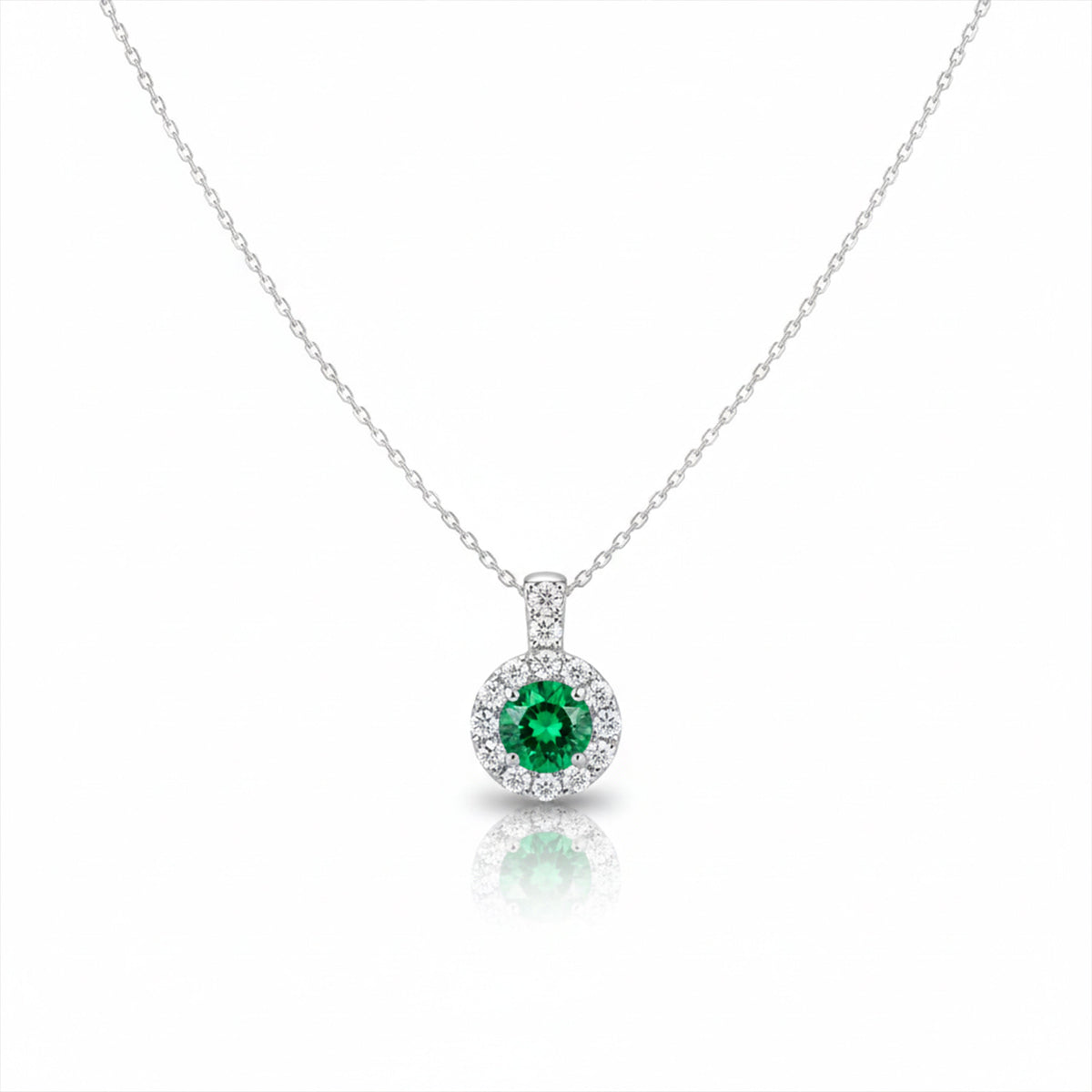 Modern Emerald Green Halo Solitaire Necklace GWN -161