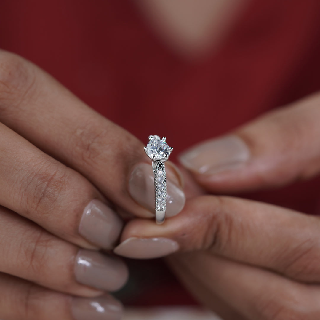Classic Round Solitaire Milgrain Band Ring GWR-83