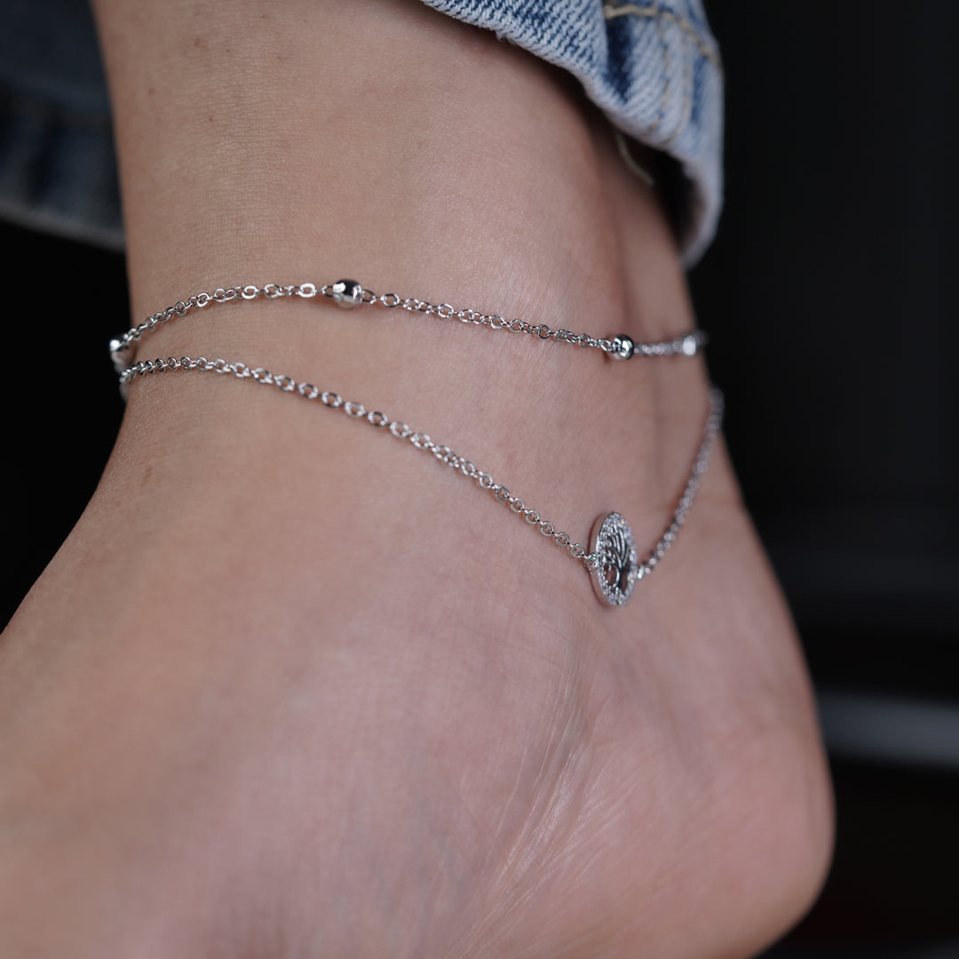 Tree of Life Halo Dual Layer Silver Anklet GWA-14
