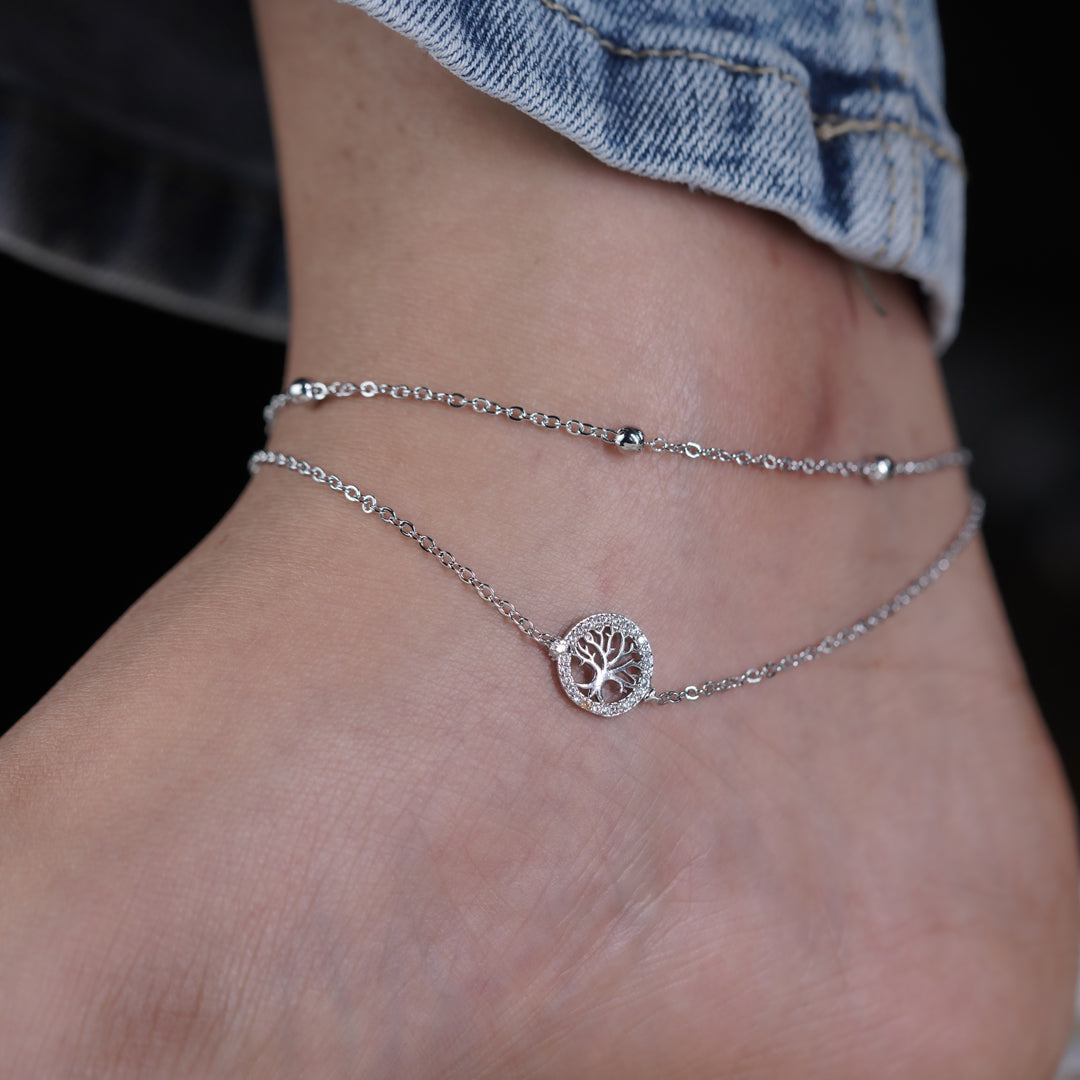 Tree of Life Halo Dual Layer Silver Anklet GWA-14