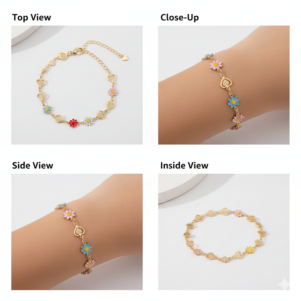 Vibrant Enamel Daisy & Textured Heart Link Bracelet GWB-13