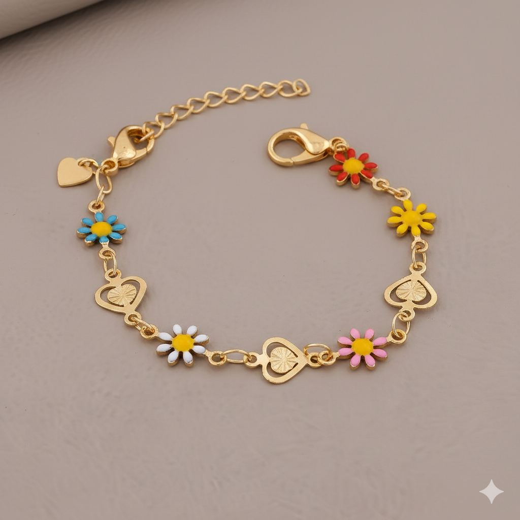 Vibrant Enamel Daisy & Textured Heart Link Bracelet GWB-13